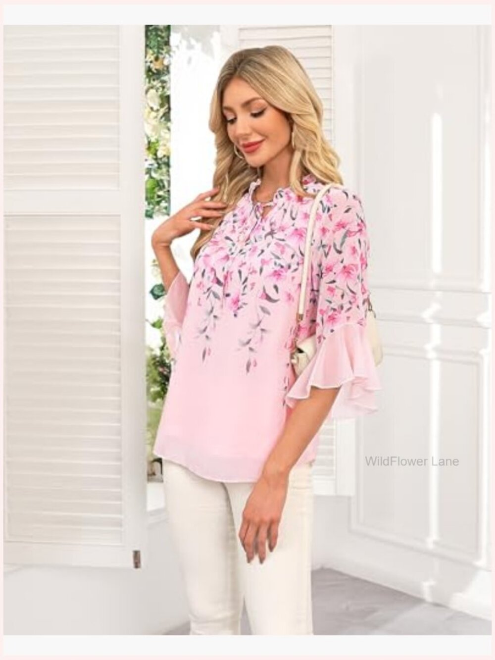 Ruffle Neck Blouse 3/4 Sleeve Chiffon Top Dressy Casual Work Tunic - Picture 5 of 7